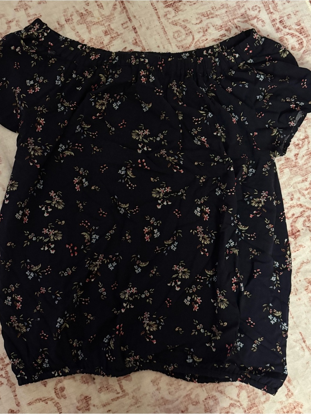 Navy Floral Off-Shoulder Blouse with Elastic Hem